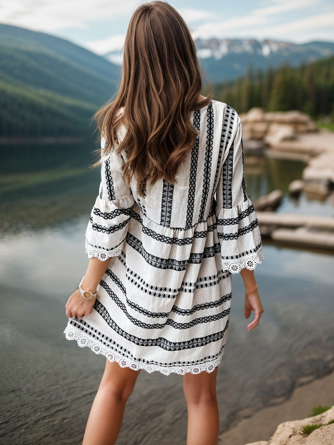 Lace Detail Printed Three-Quarter Sleeve Dress (2 Colors)
