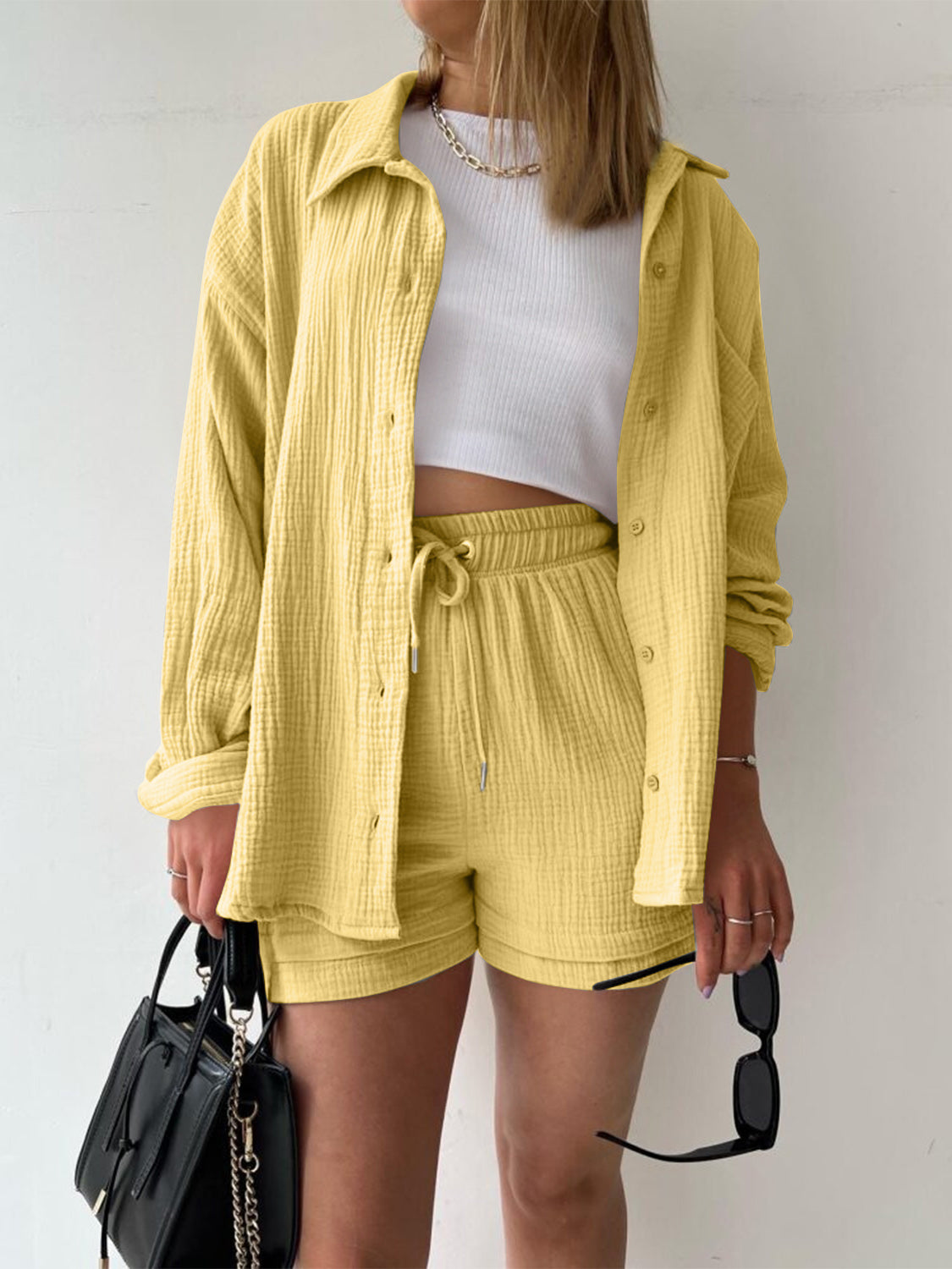 Outfit Set - Texture Button Up Shirt and Drawstring Shorts (11 Colors up to 2XL)