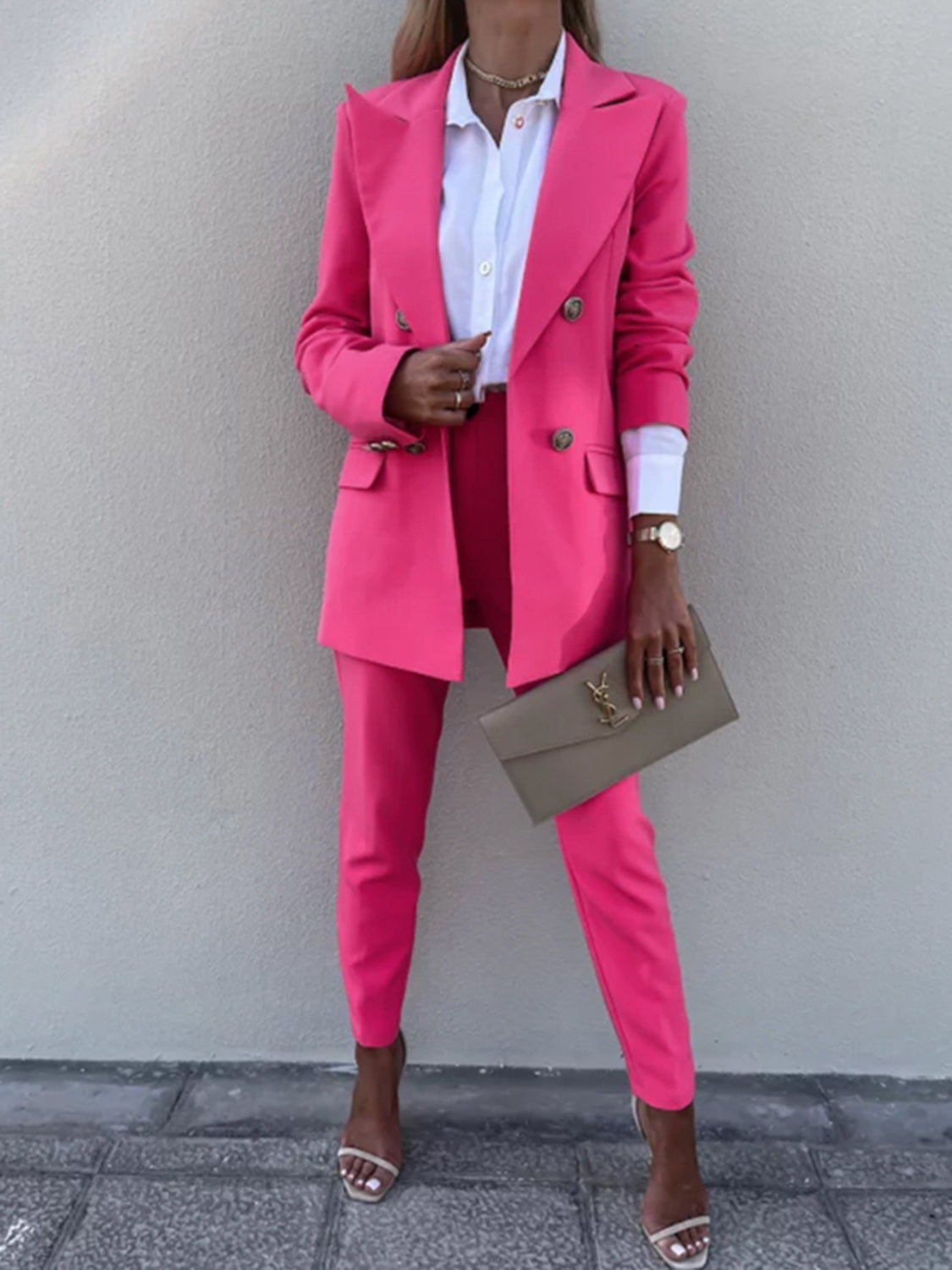 Lapel Collar Long Sleeve Blazer and Pants Set (7 Colors)