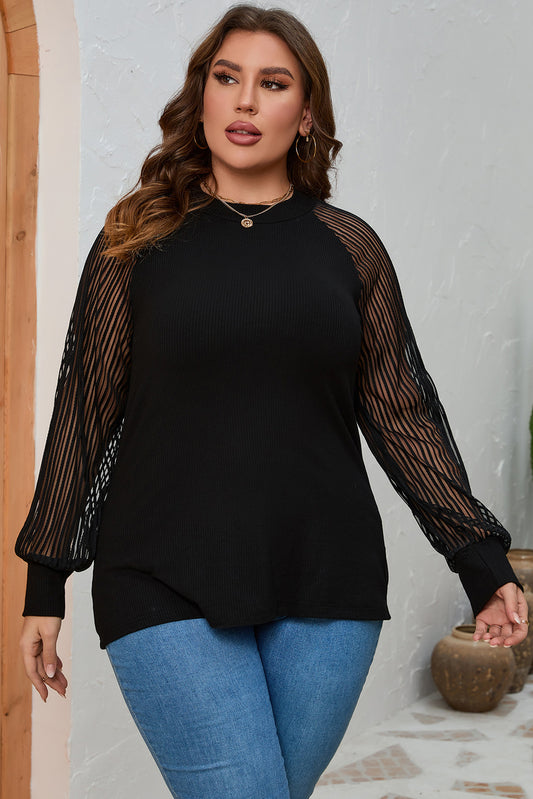 Plus Size Round Neck Long Sleeve Blouse in Black