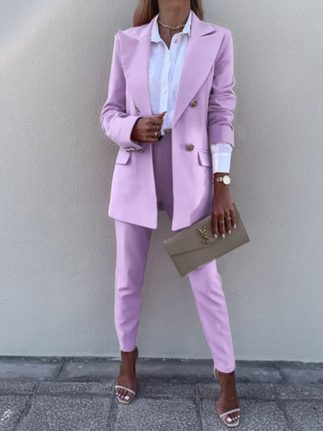 Lapel Collar Long Sleeve Blazer and Pants Set (7 Colors)
