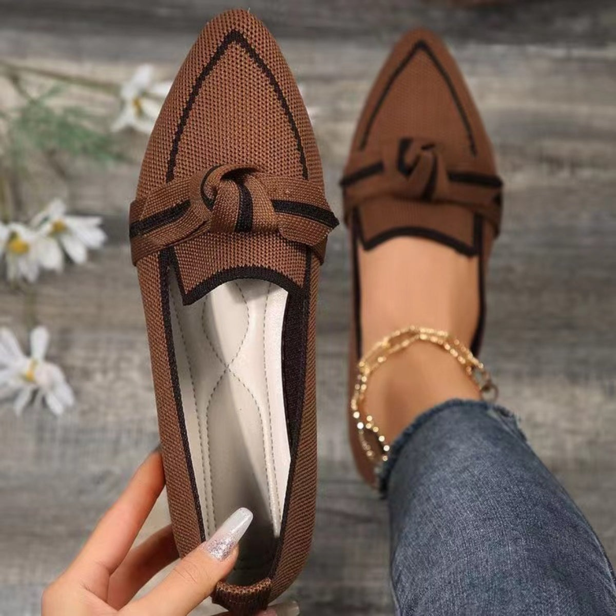 Bow Contrast Trim Point Toe Loafers (5 Colors)
