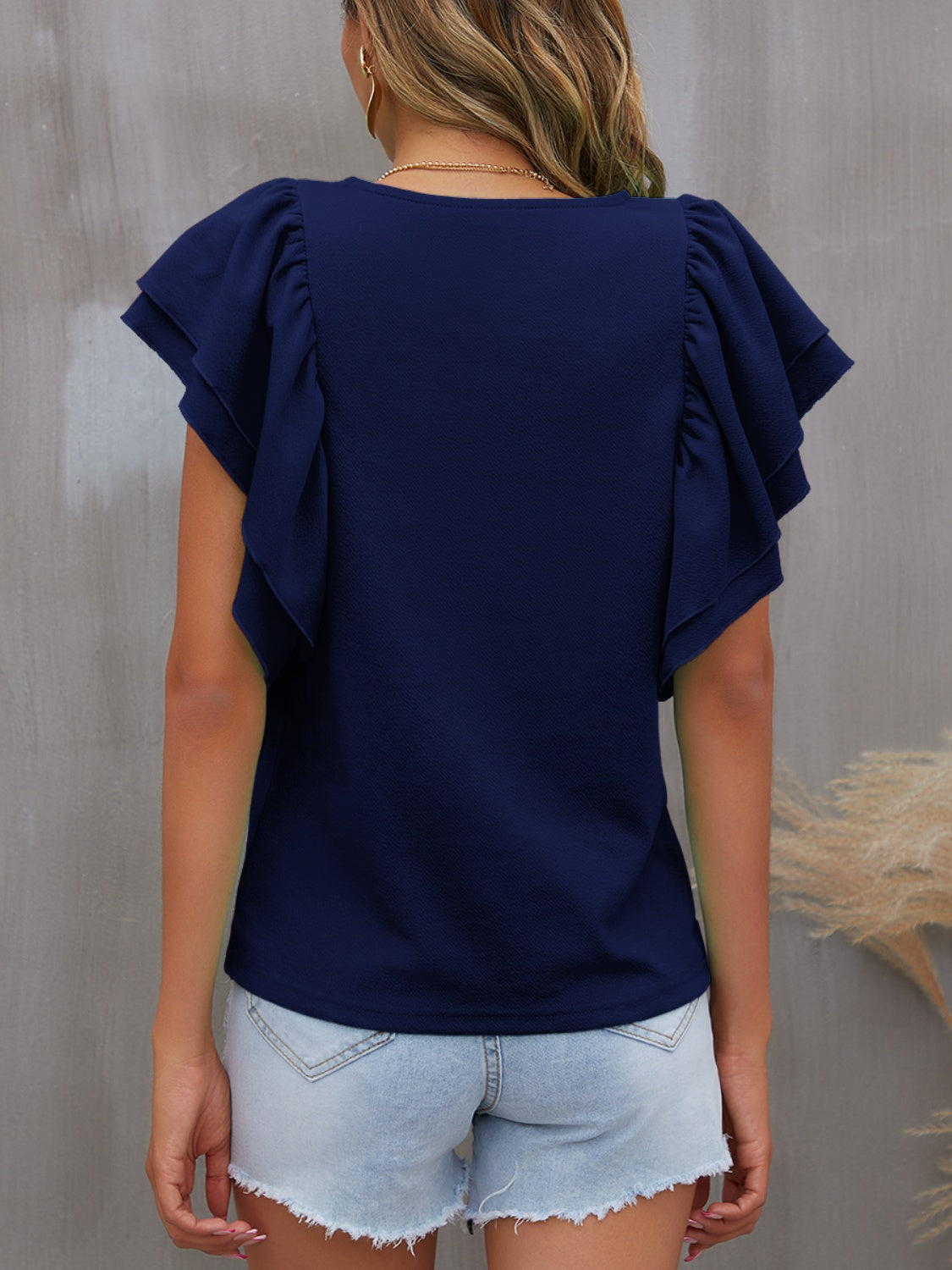 Round Neck Flounce Sleeve Blouse (7 Colors)