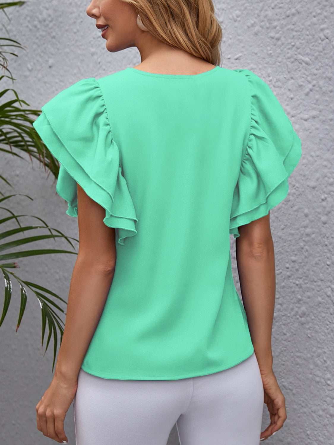 Round Neck Flounce Sleeve Blouse (7 Colors)