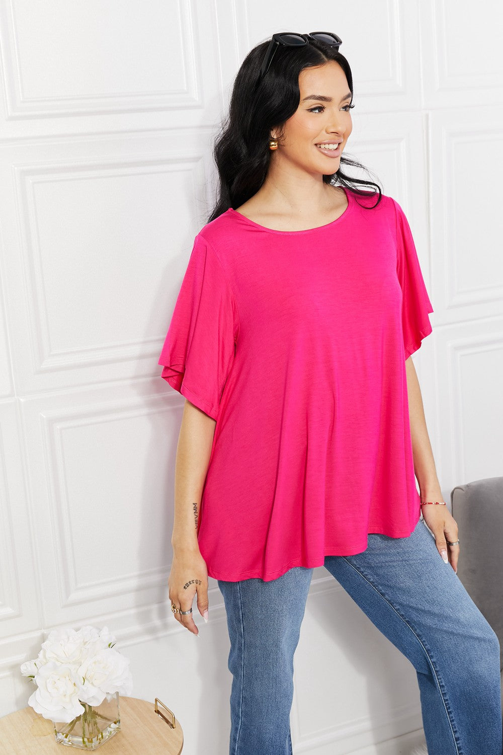 Hot Pink Full Size More Than Words Flutter Sleeve Top