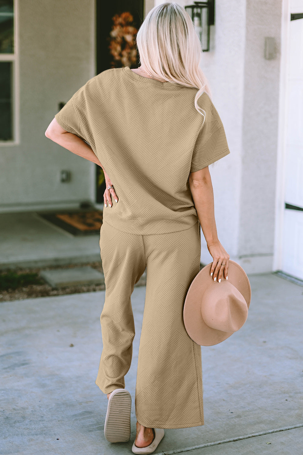 Outfit Set - Double Take Full Size Texture Short Sleeve Top and Pants Set (4 Colors)
