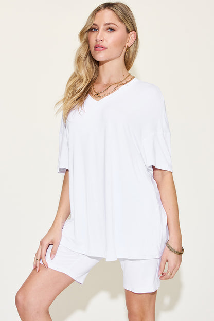 Basic Bae Full Size V-Neck Drop Shoulder Short Sleeve T-Shirt and Shorts Set (7 Colors)
