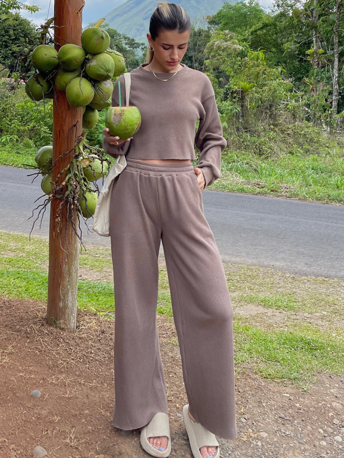 Waffle-Knit Round Neck Top and Pants Set (4 Colors)