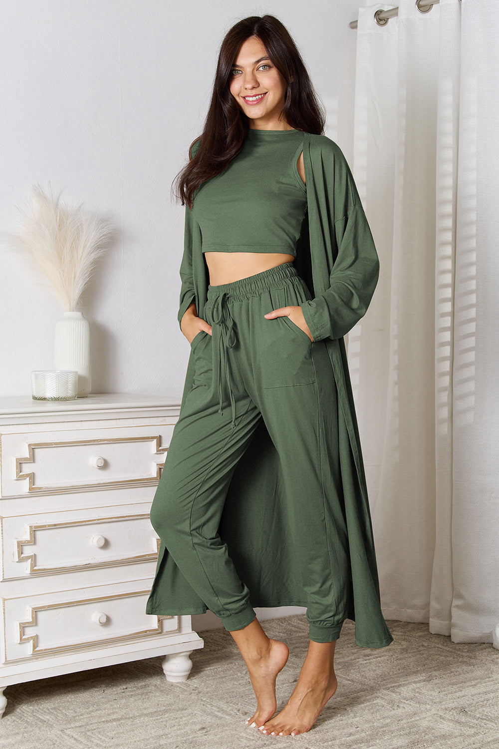 Tank, Pants, and Cardigan 3 Piece Set with Pockets (4 Colors)