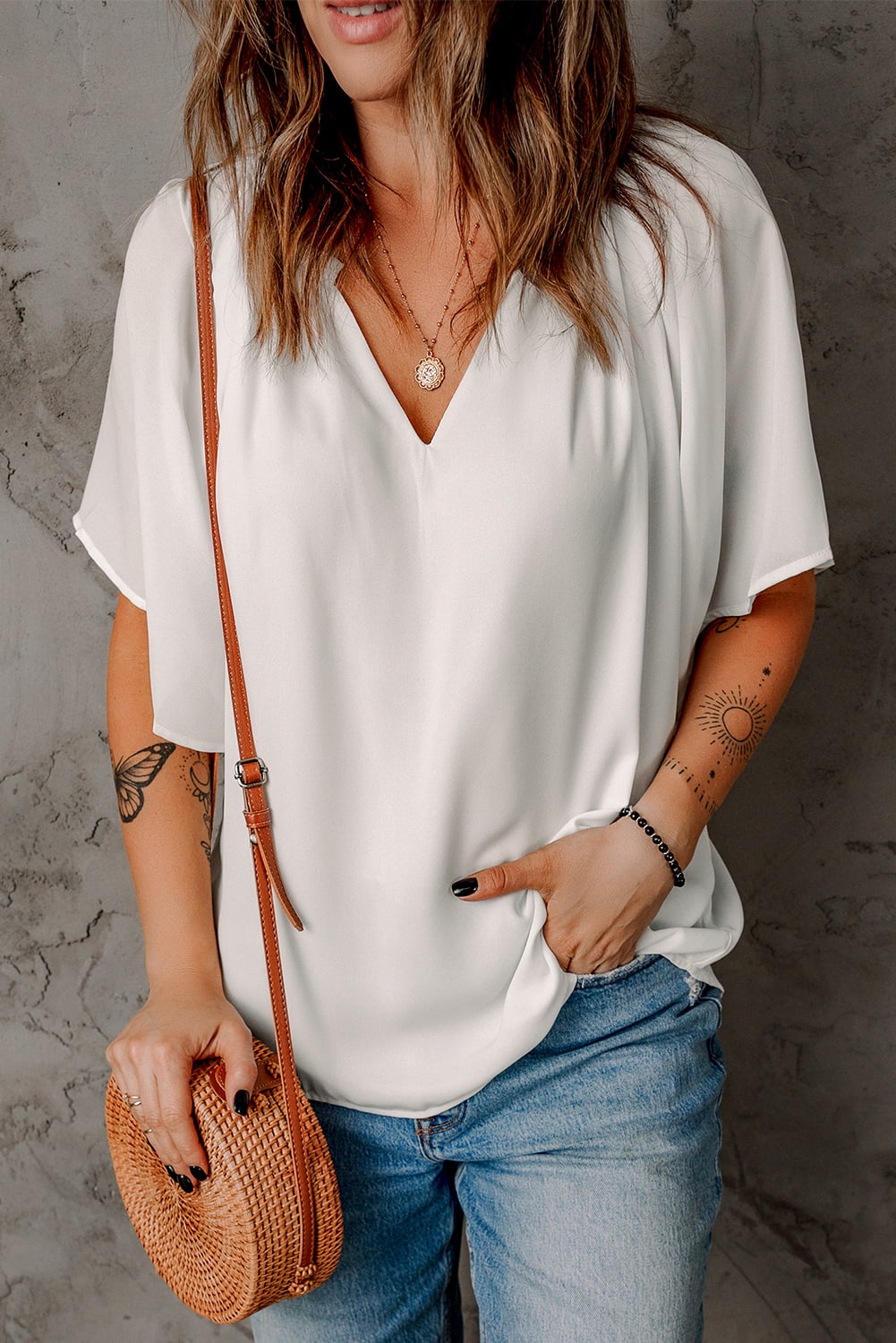 Gathered Detail Notched Neck Flutter Sleeve Top (8 Colors)