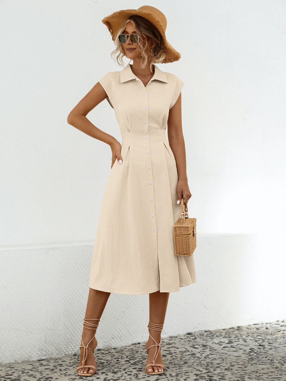 Button Up Cap Sleeve Midi Dress (2 Colors)