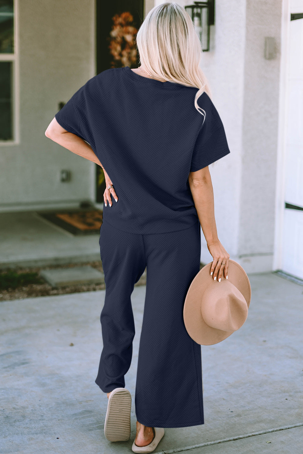 Outfit Set - Double Take Full Size Texture Short Sleeve Top and Pants Set (4 Colors)