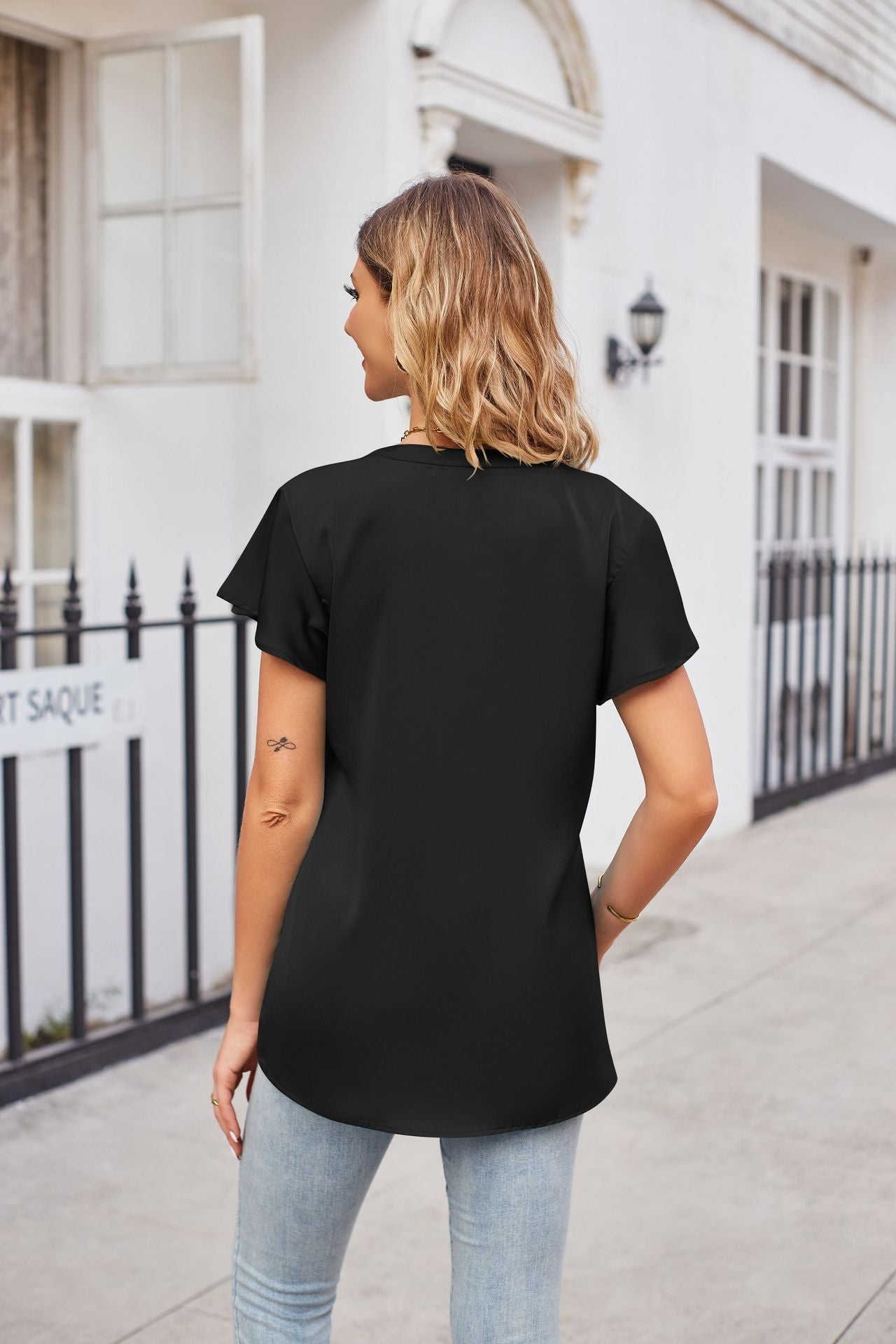 Notched Neck Flutter Sleeve Satin Top (5 Colors)