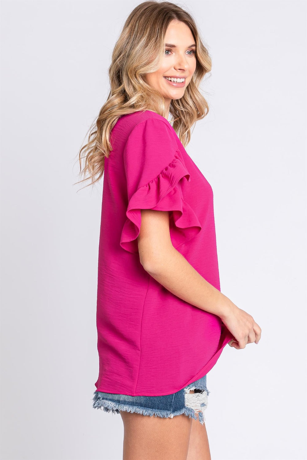 Magenta V-Neck Ruffle Trim Short Sleeve Blouse