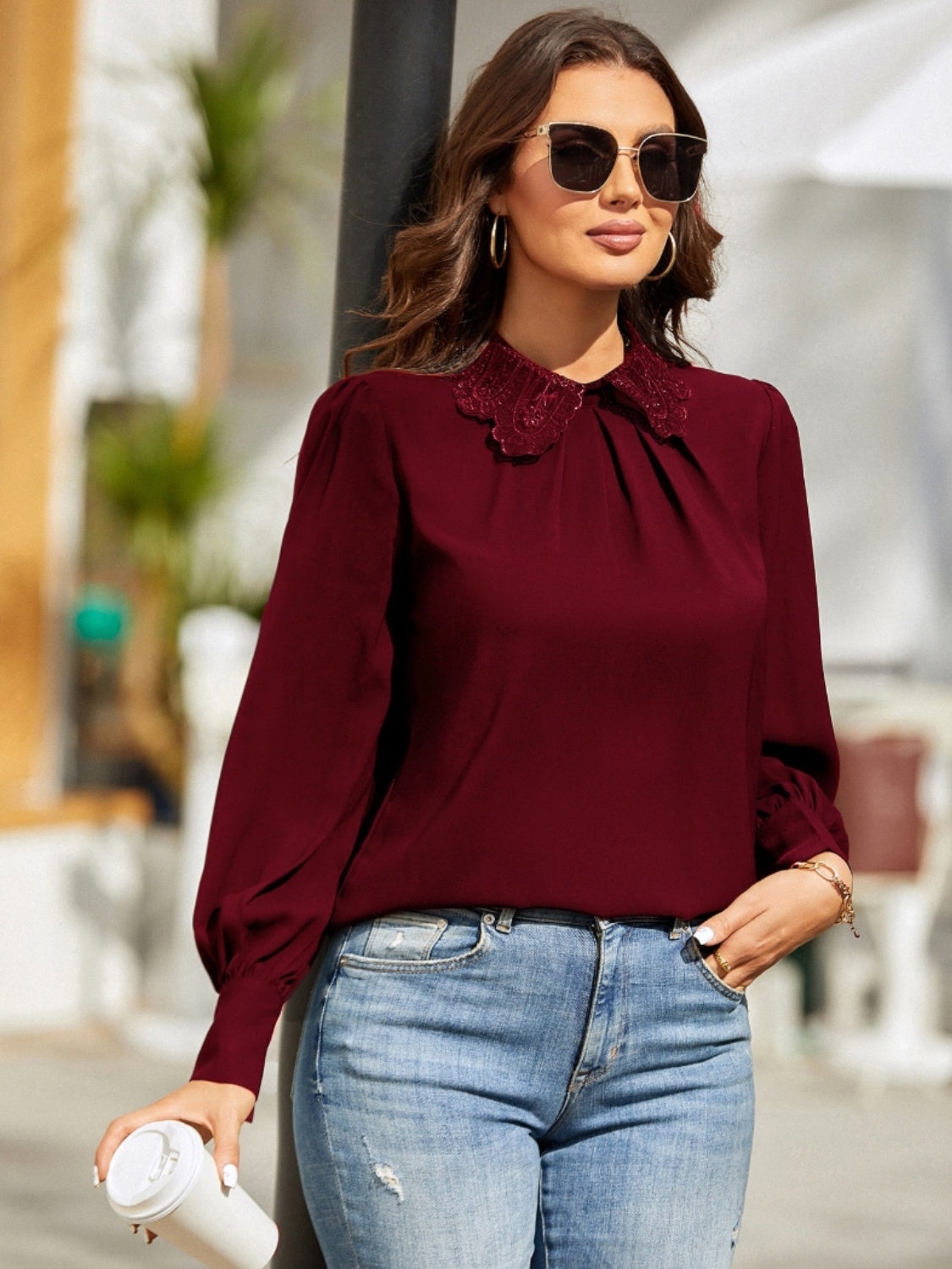 Ruched Keyhole Lantern Sleeve Shirt (2 Colors)