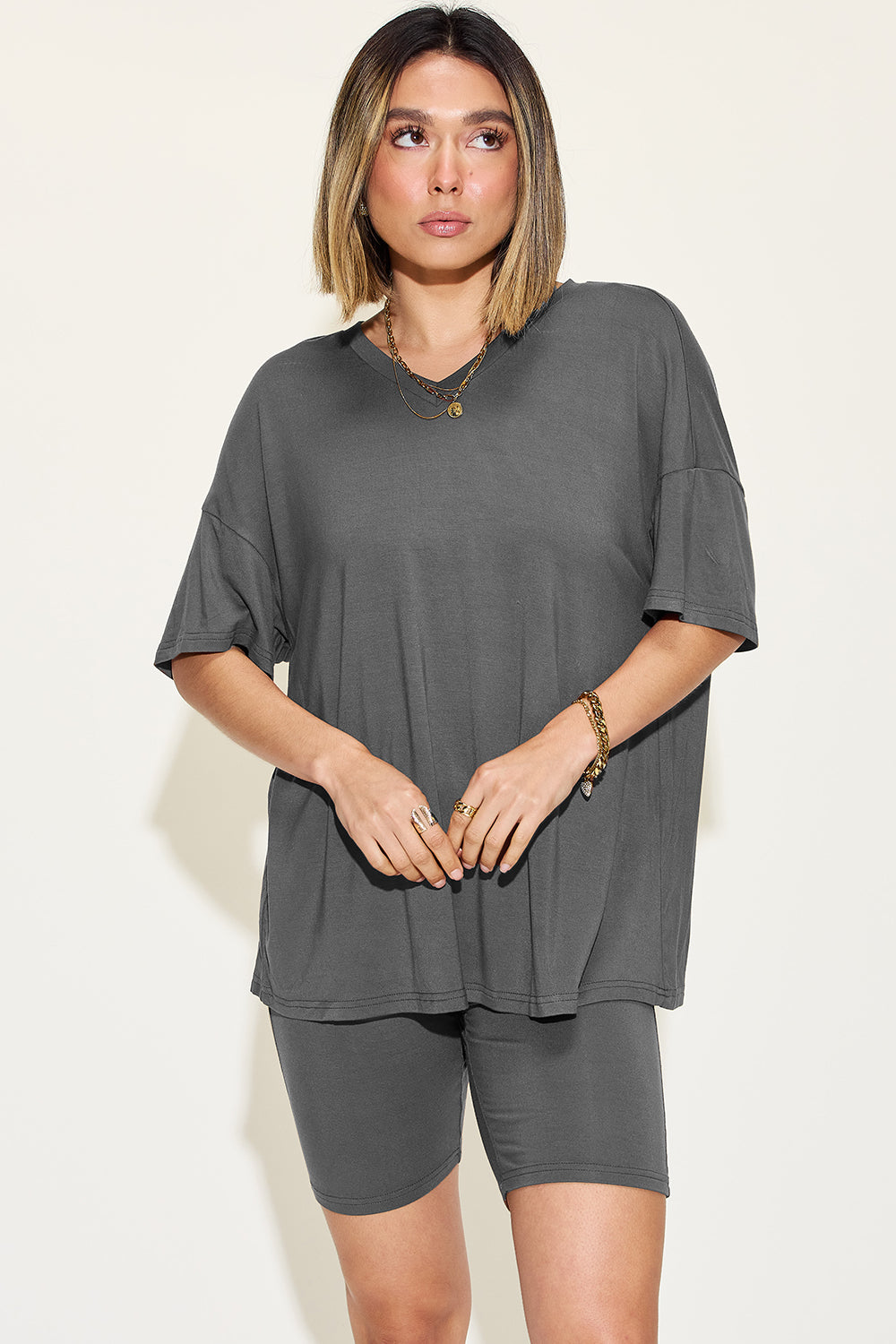 Basic Bae Full Size V-Neck Drop Shoulder Short Sleeve T-Shirt and Shorts Set (7 Colors)