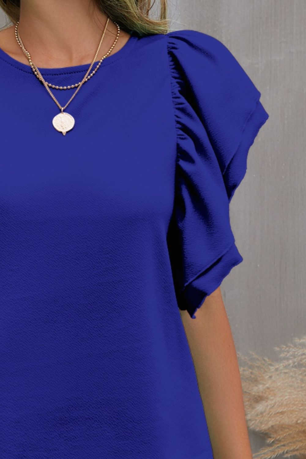 Round Neck Flounce Sleeve Blouse (7 Colors)