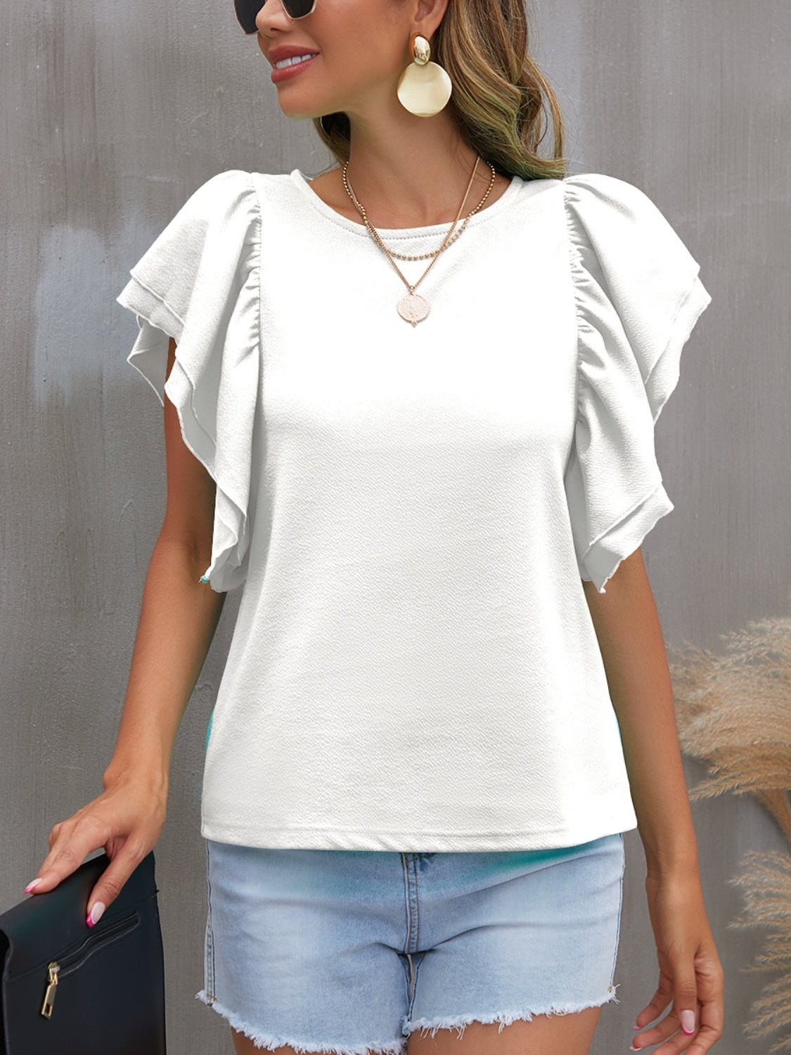 Round Neck Flounce Sleeve Blouse (7 Colors)