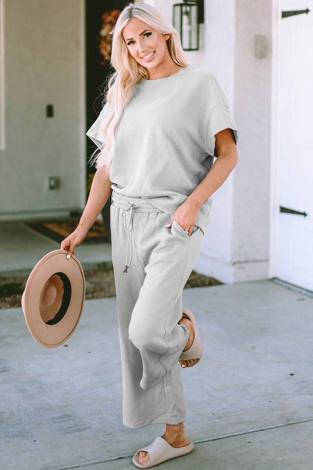 Outfit Set - Double Take Full Size Texture Short Sleeve Top and Pants Set (4 Colors)