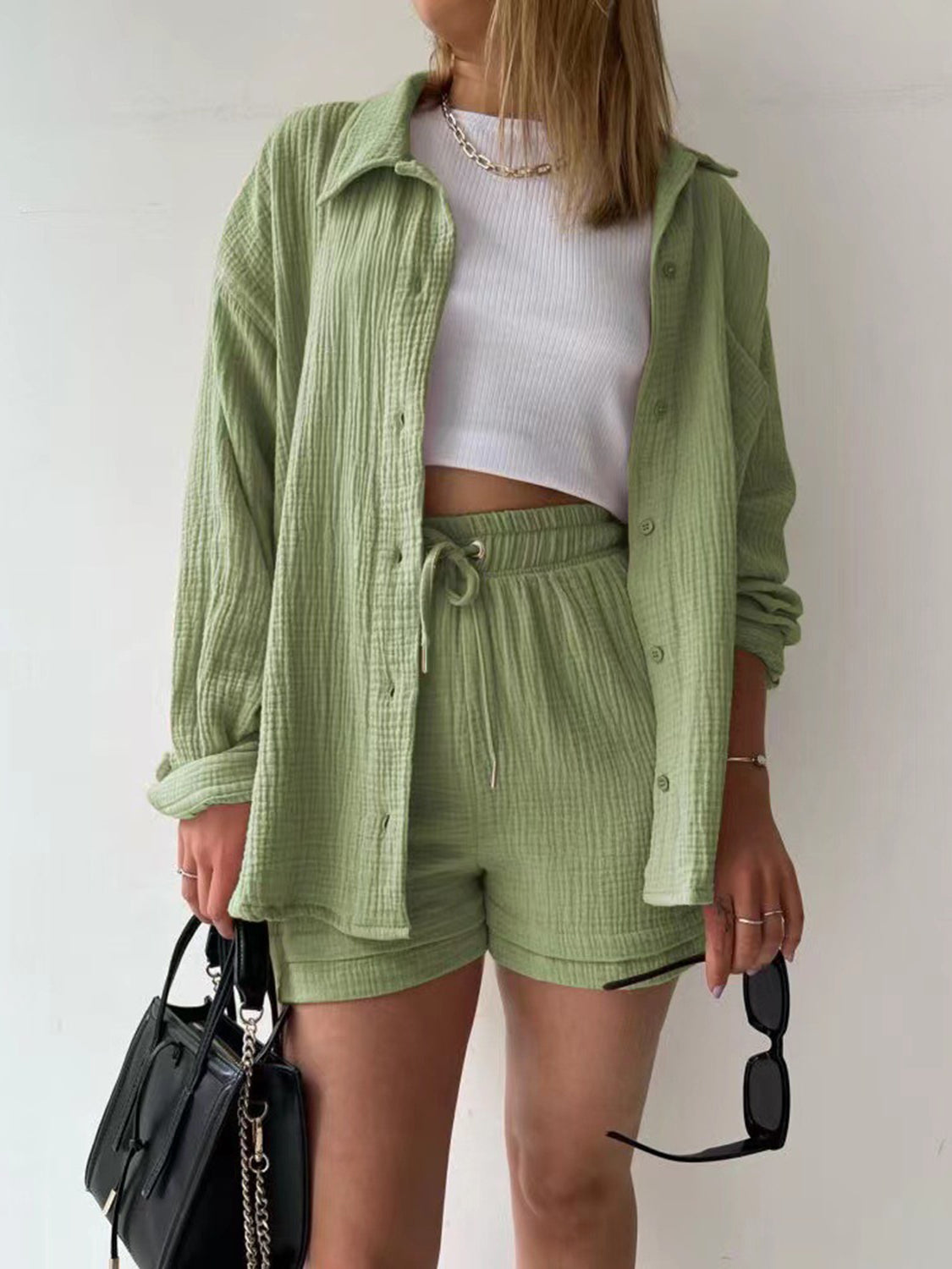 Outfit Set - Texture Button Up Shirt and Drawstring Shorts (11 Colors up to 2XL)