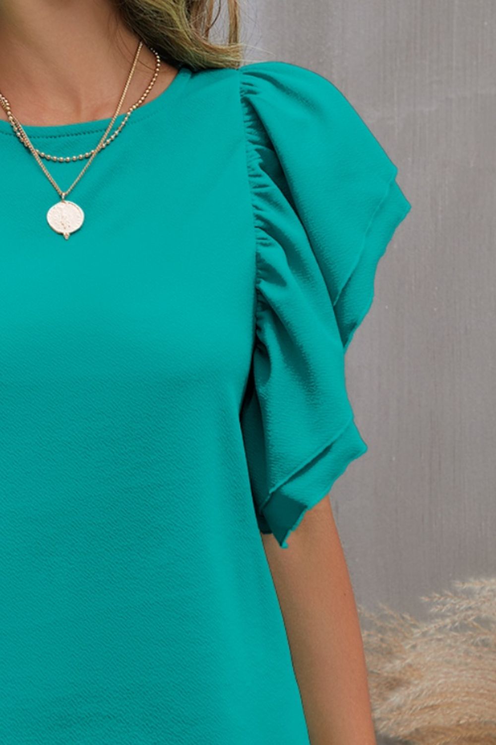 Round Neck Flounce Sleeve Blouse (7 Colors)