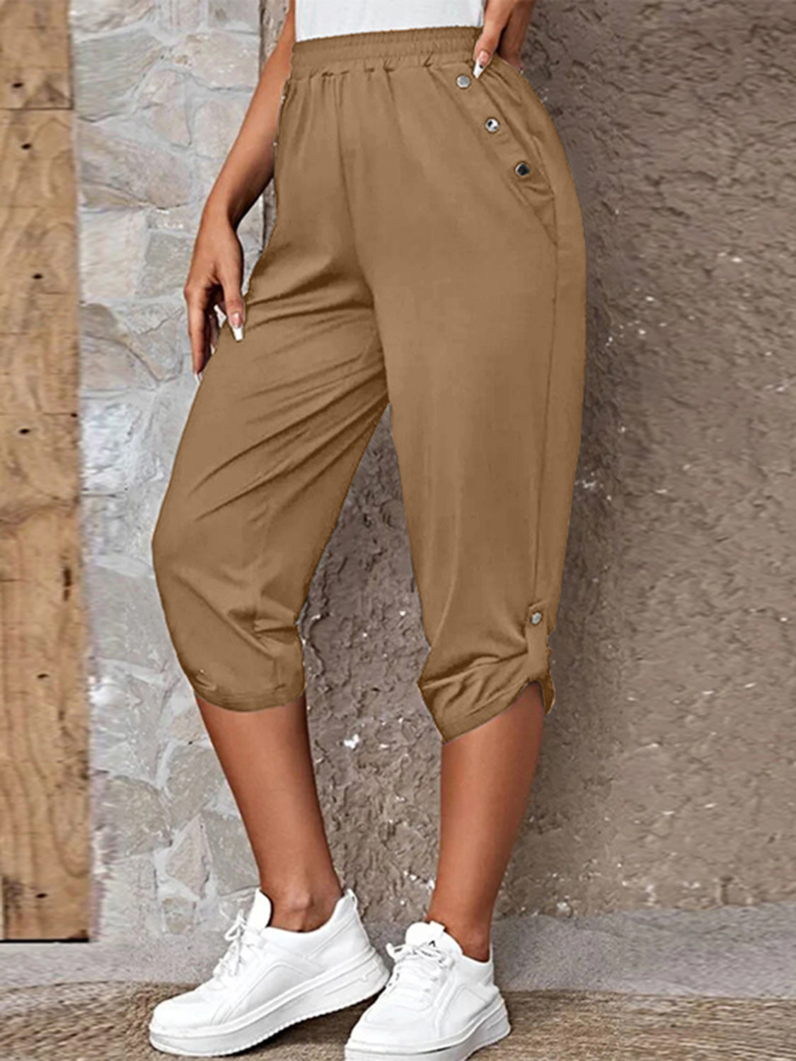Full Size Roll-Tab Capris Pants (4 Colors)