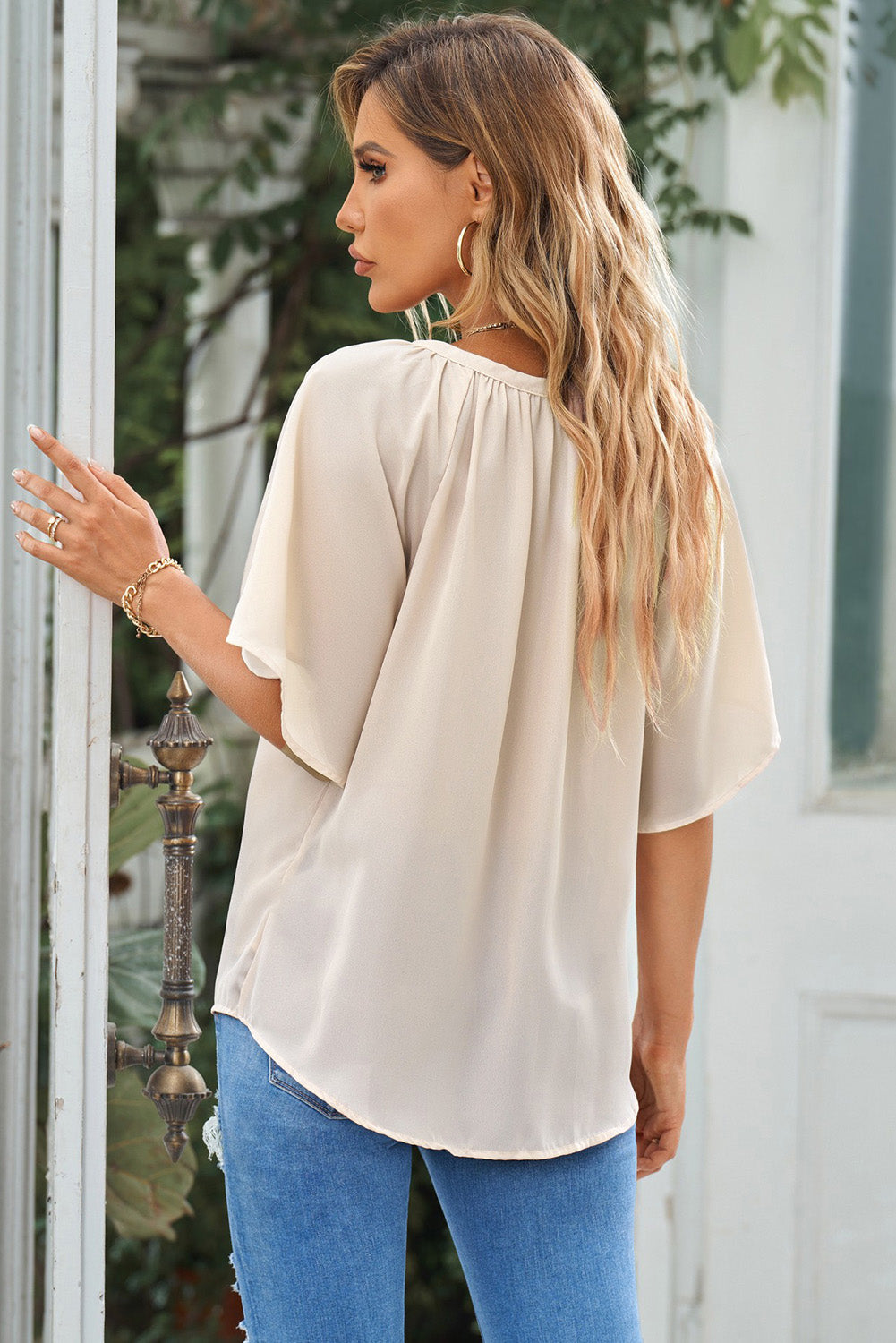 Gathered Detail Notched Neck Flutter Sleeve Top (8 Colors)