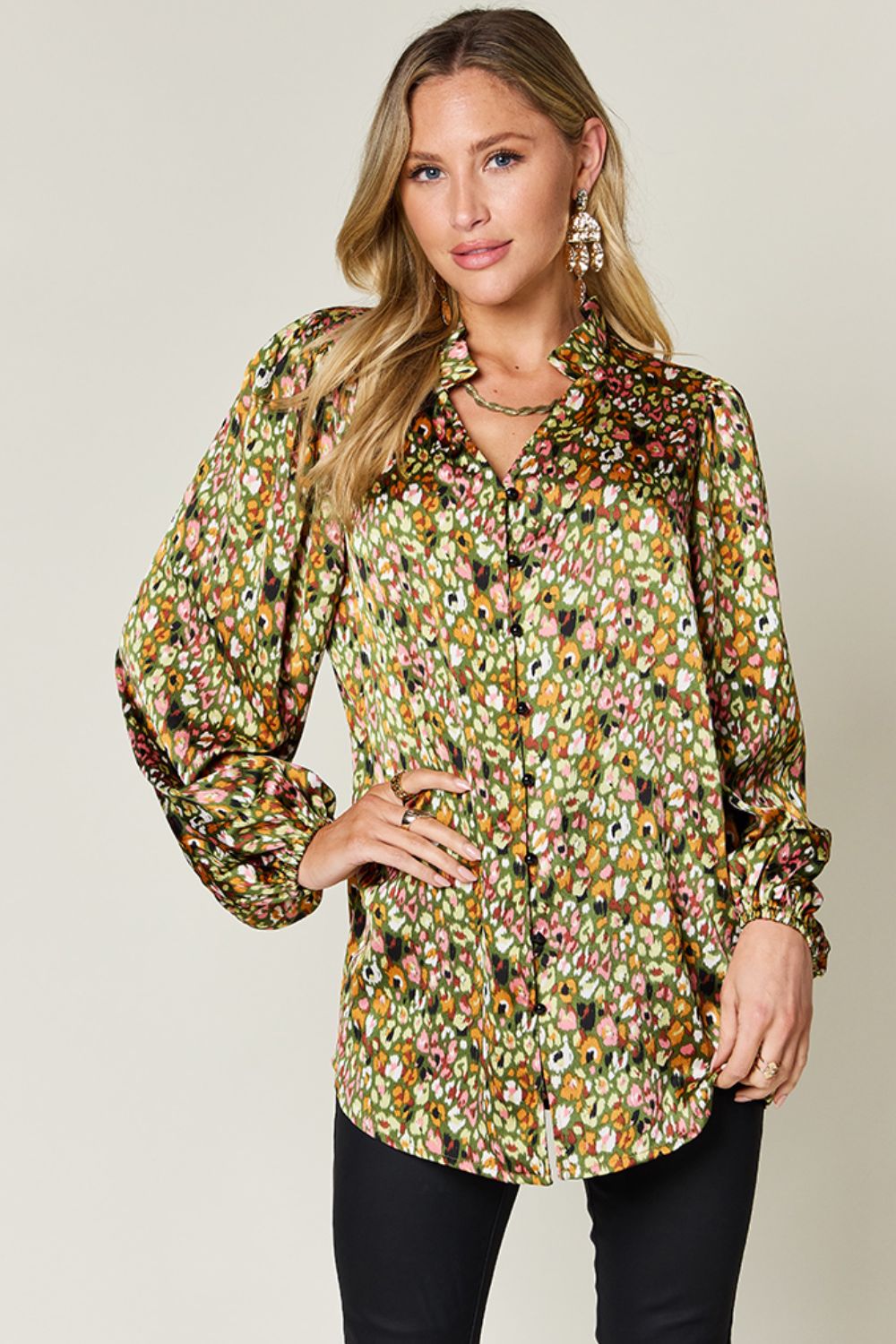Double Take Full Size Printed Long Sleeve Blouse (3 Colors)