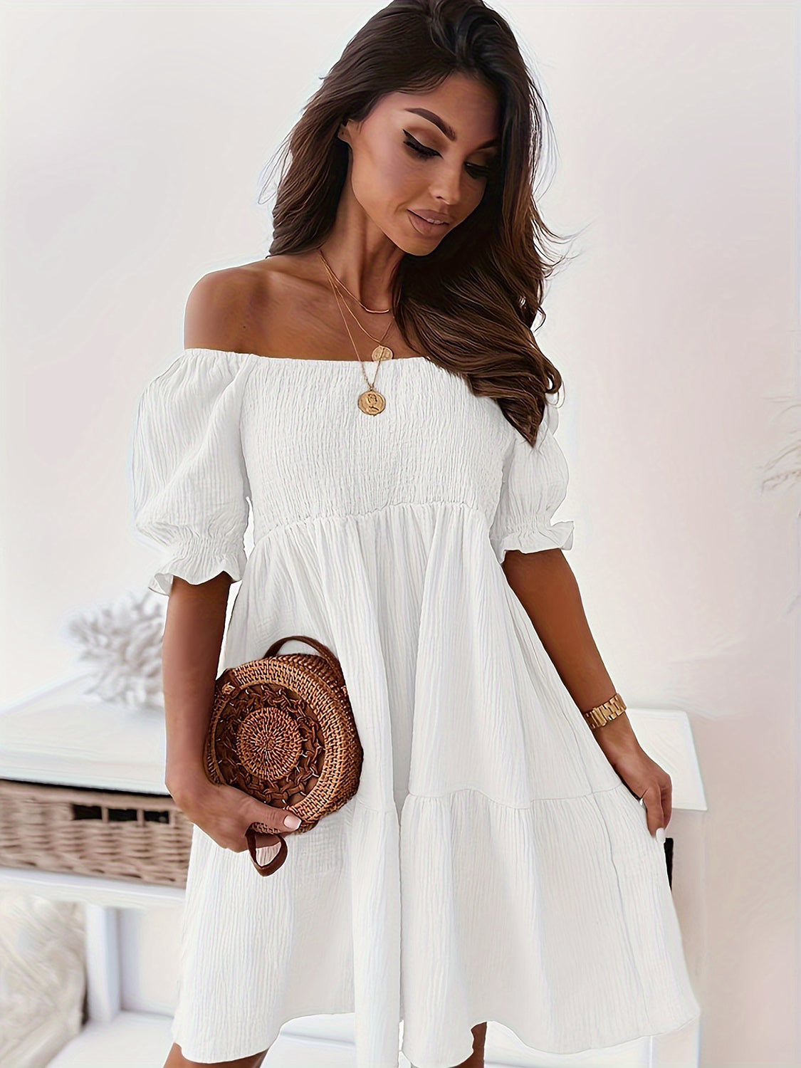 Full Size Ruffled Off-Shoulder Short Sleeve Dress (7 Colors)