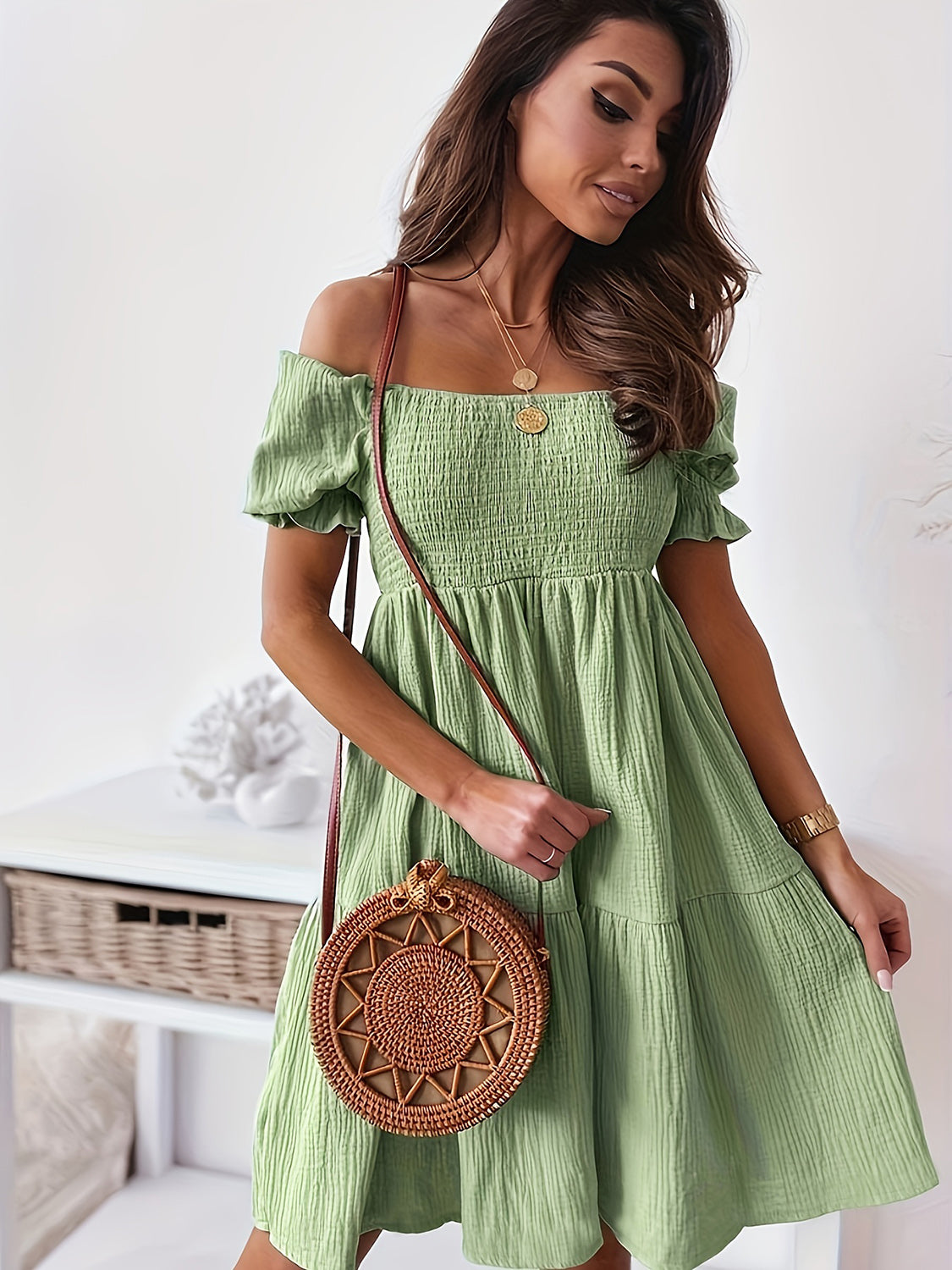 Full Size Ruffled Off-Shoulder Short Sleeve Dress (7 Colors)