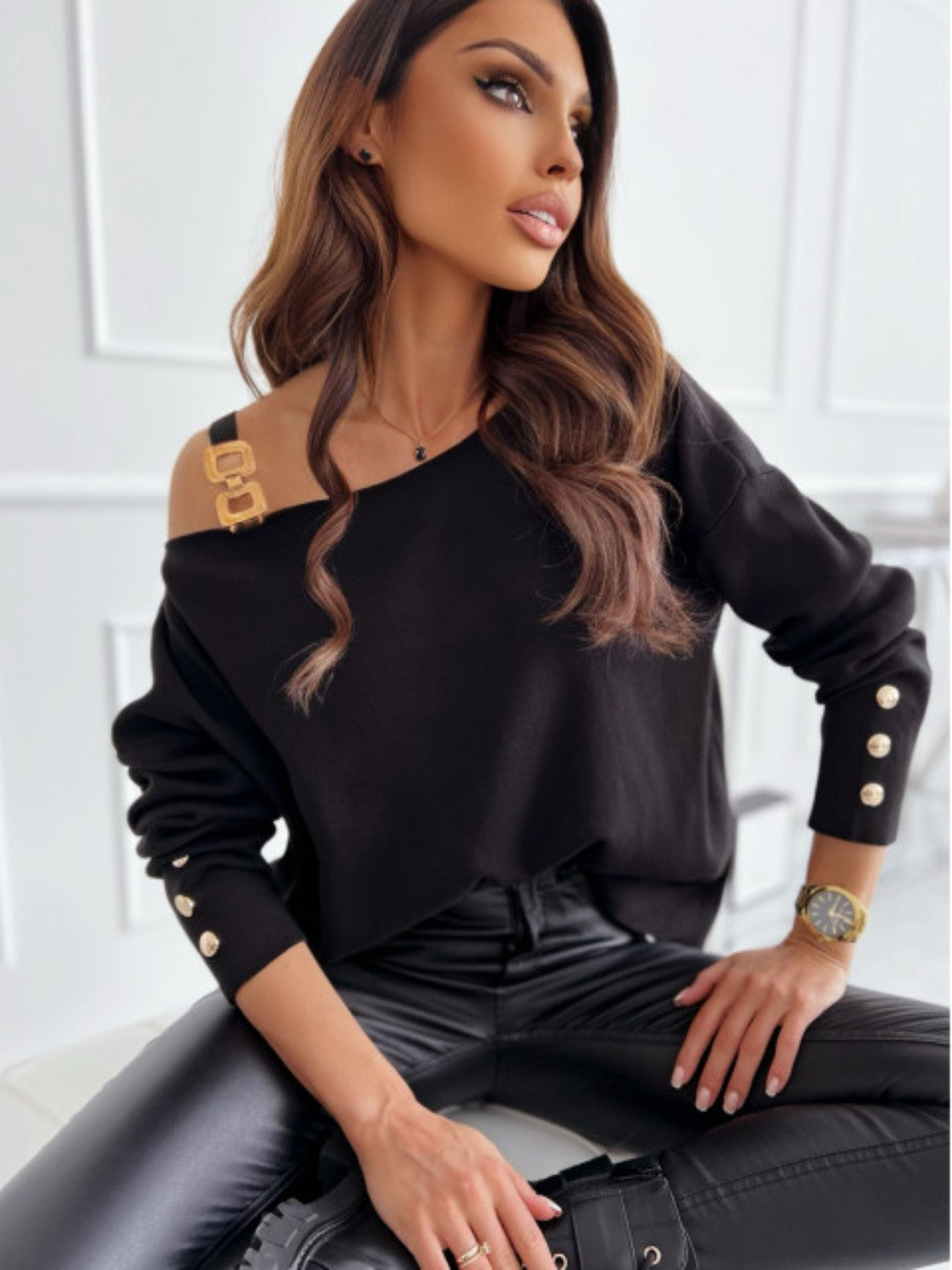 Asymmetrical Neck Buttoned Top (3 Colors)