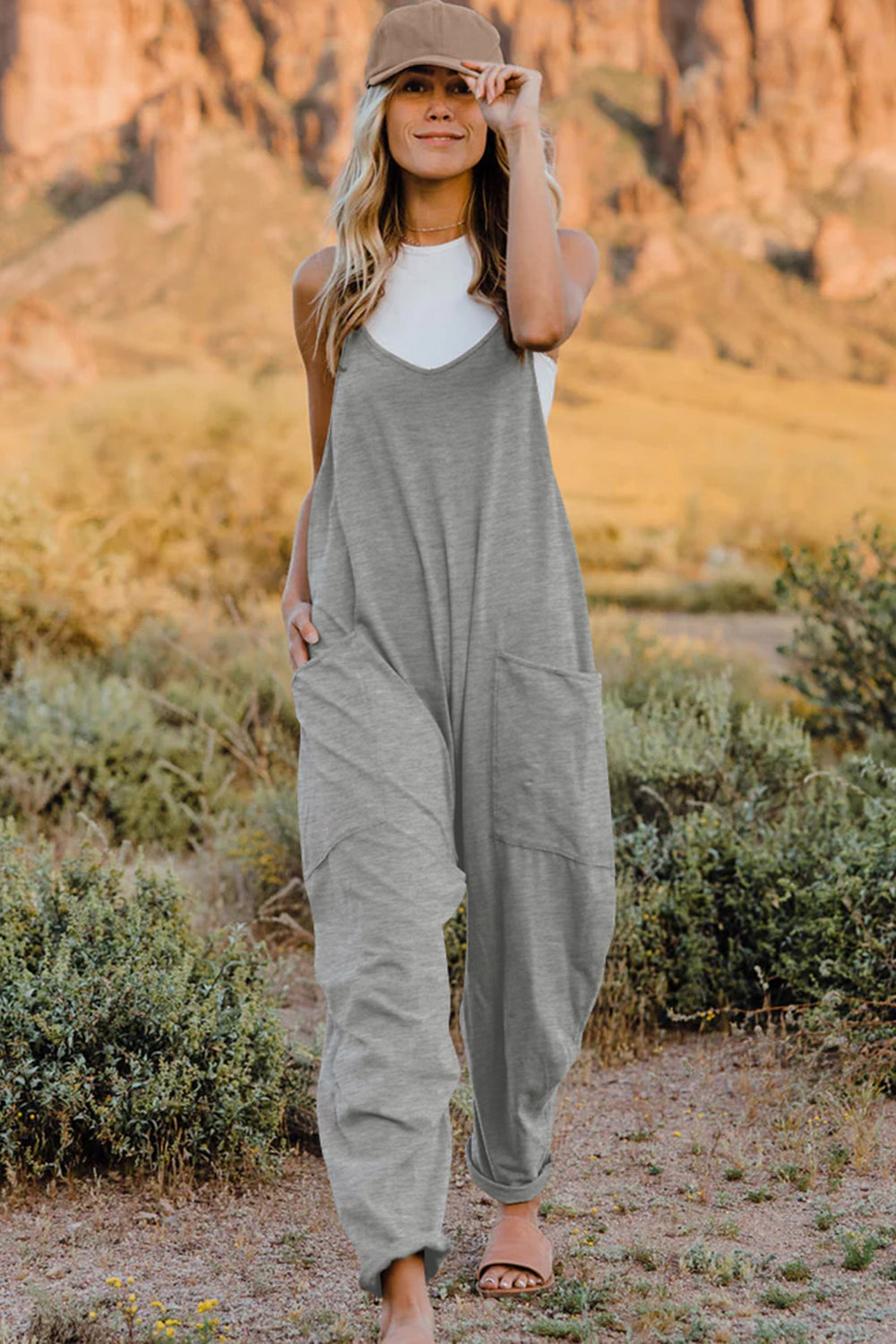 Double Take Full Size V-Neck Sleeveless Jumpsuit with Pockets (6 Colors)