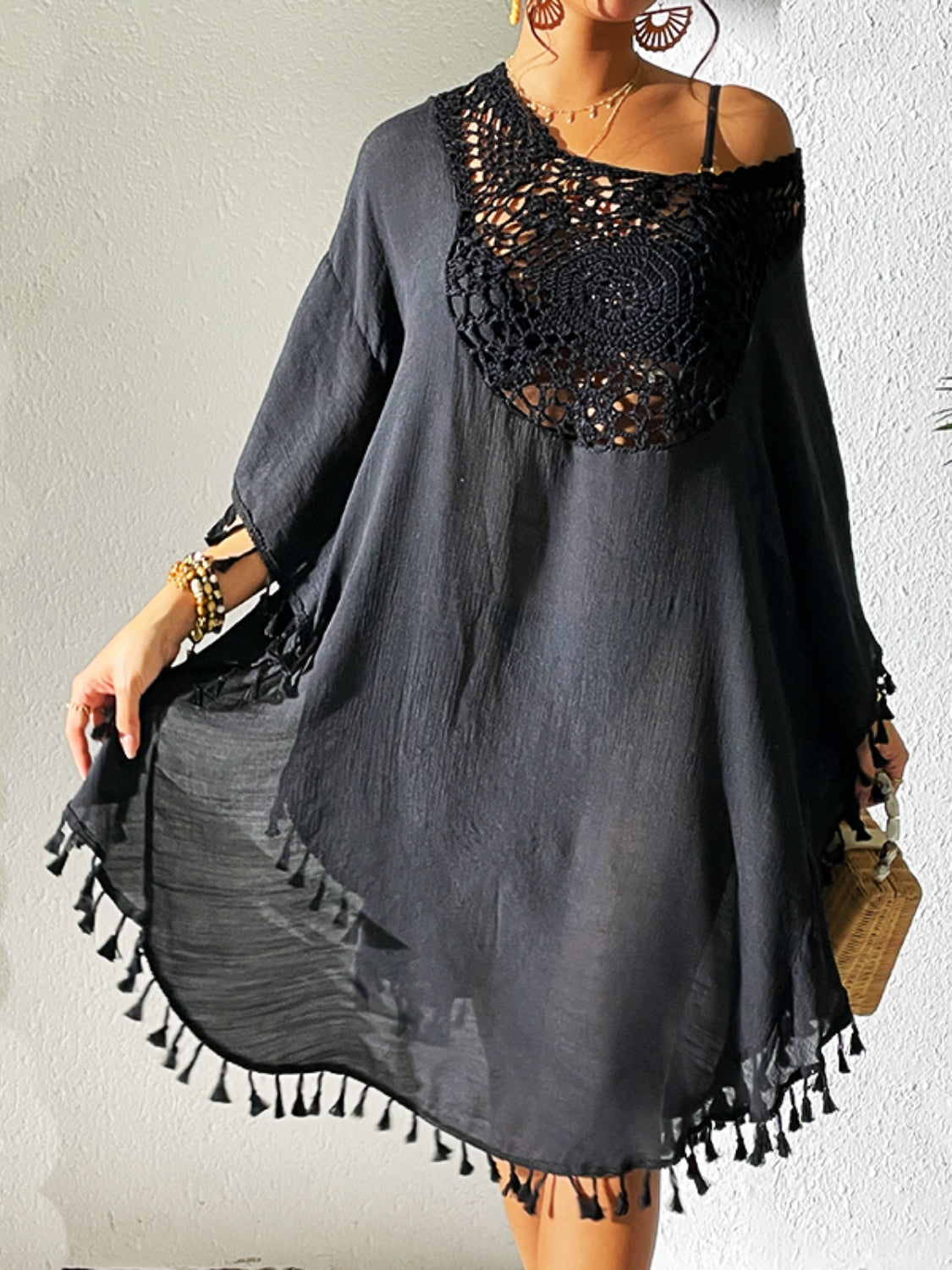Tassel Cutout Scoop Neck Cover-Up Dress (3 Colors)