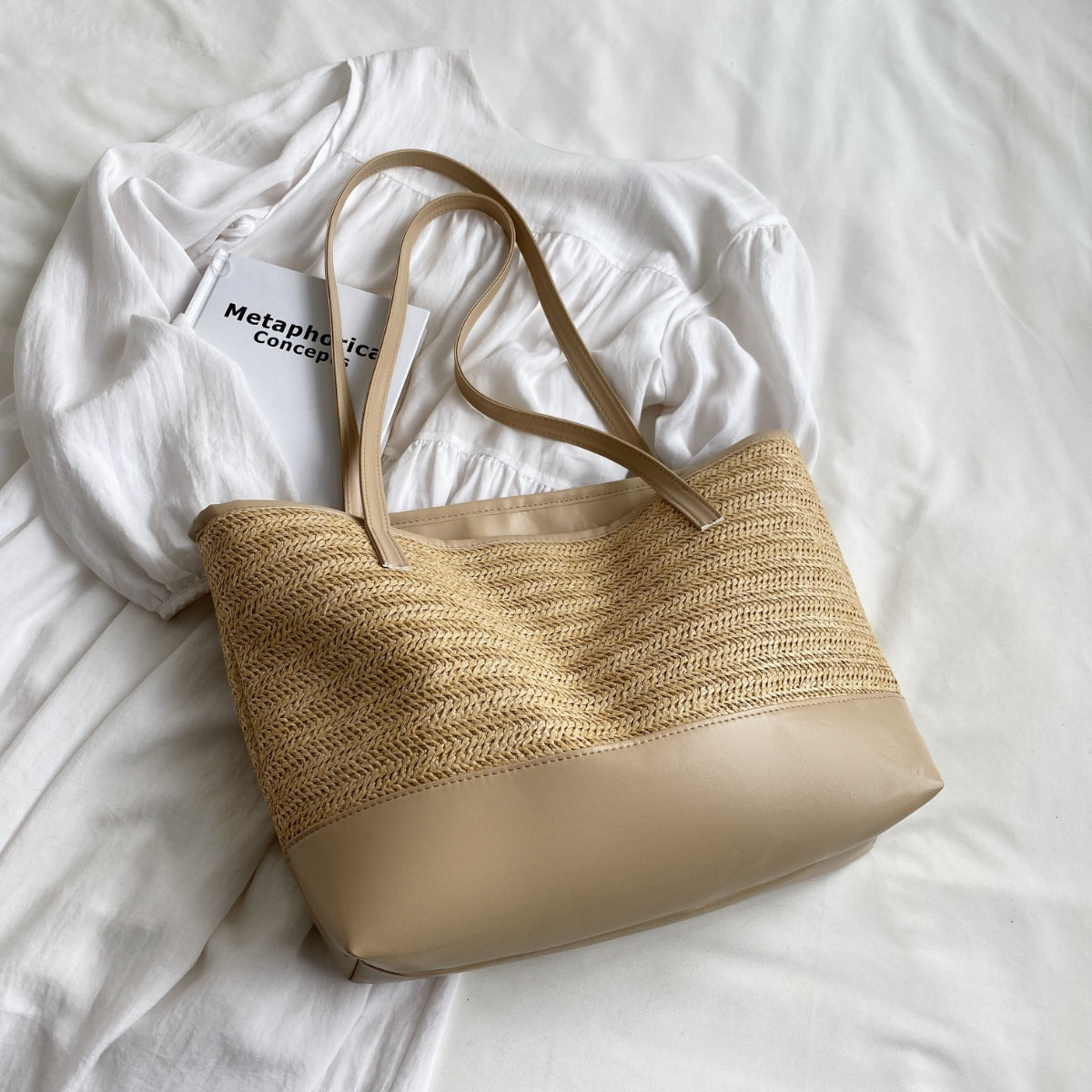Straw Weave Leather Strap Tote Bag (2 Colors)