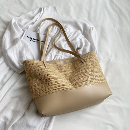 Straw Weave Leather Strap Tote Bag (2 Colors)