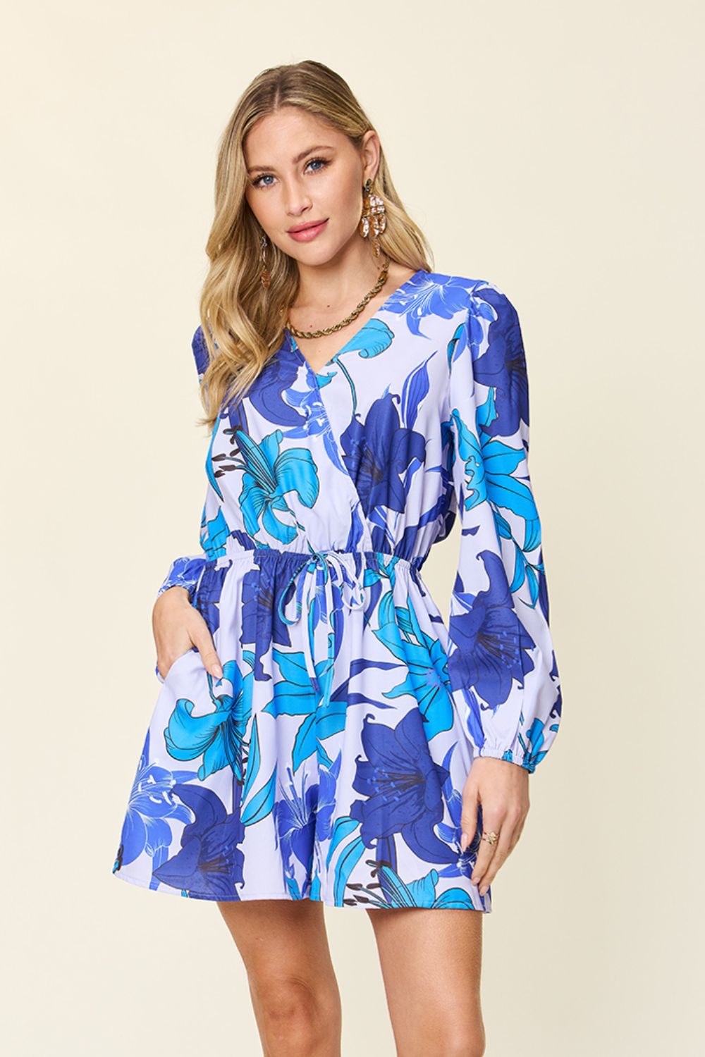 Double Take Full Size Floral Long Sleeve Romper with Pockets (2 Colors)