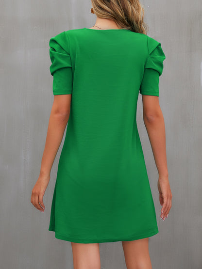 Round Neck Puff Sleeve Mini Dress (4 Colors)