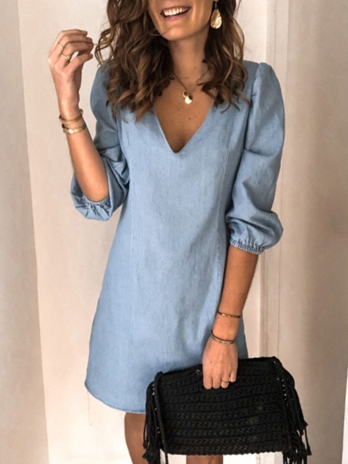 Full Size V-Neck Half Sleeve Denim Dress (4 Colors)