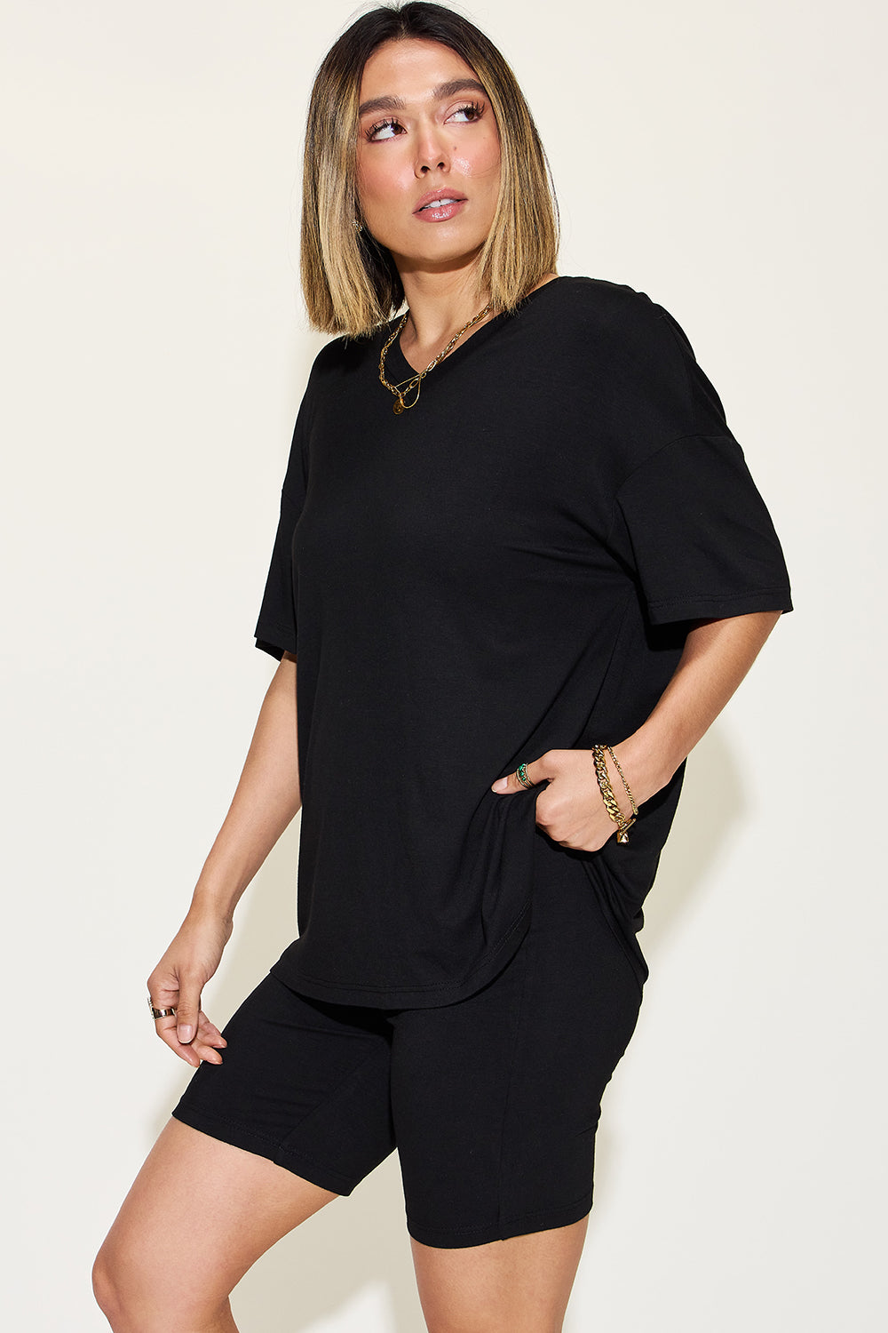 Basic Bae Full Size V-Neck Drop Shoulder Short Sleeve T-Shirt and Shorts Set (7 Colors)