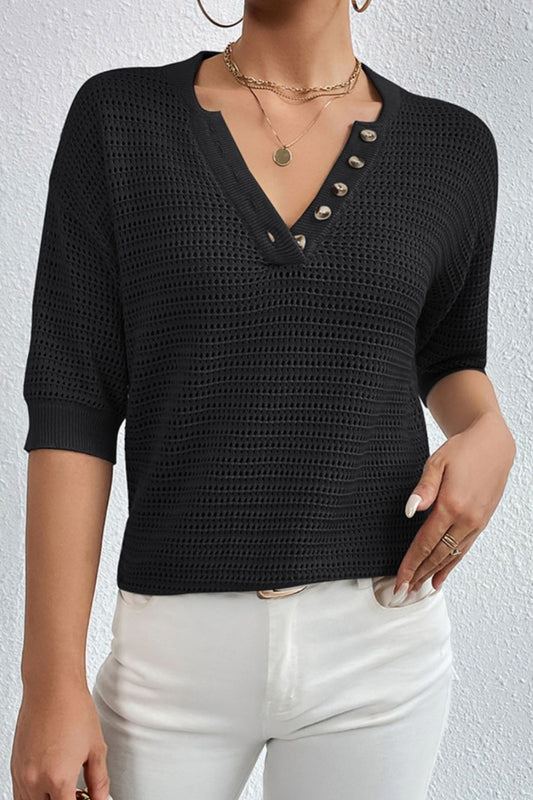 Openwork Half Button Dropped Shoulder Knit Top (4 Colors)