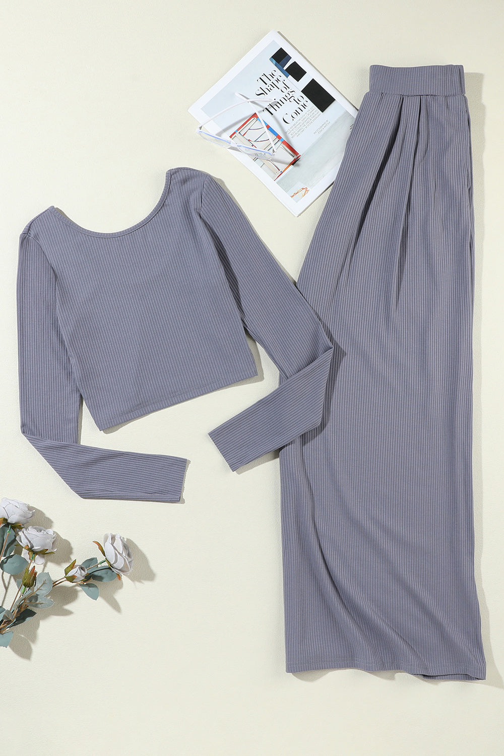 Ribbed Round Neck Top and Wide-Leg Pants Set (3 Colors)