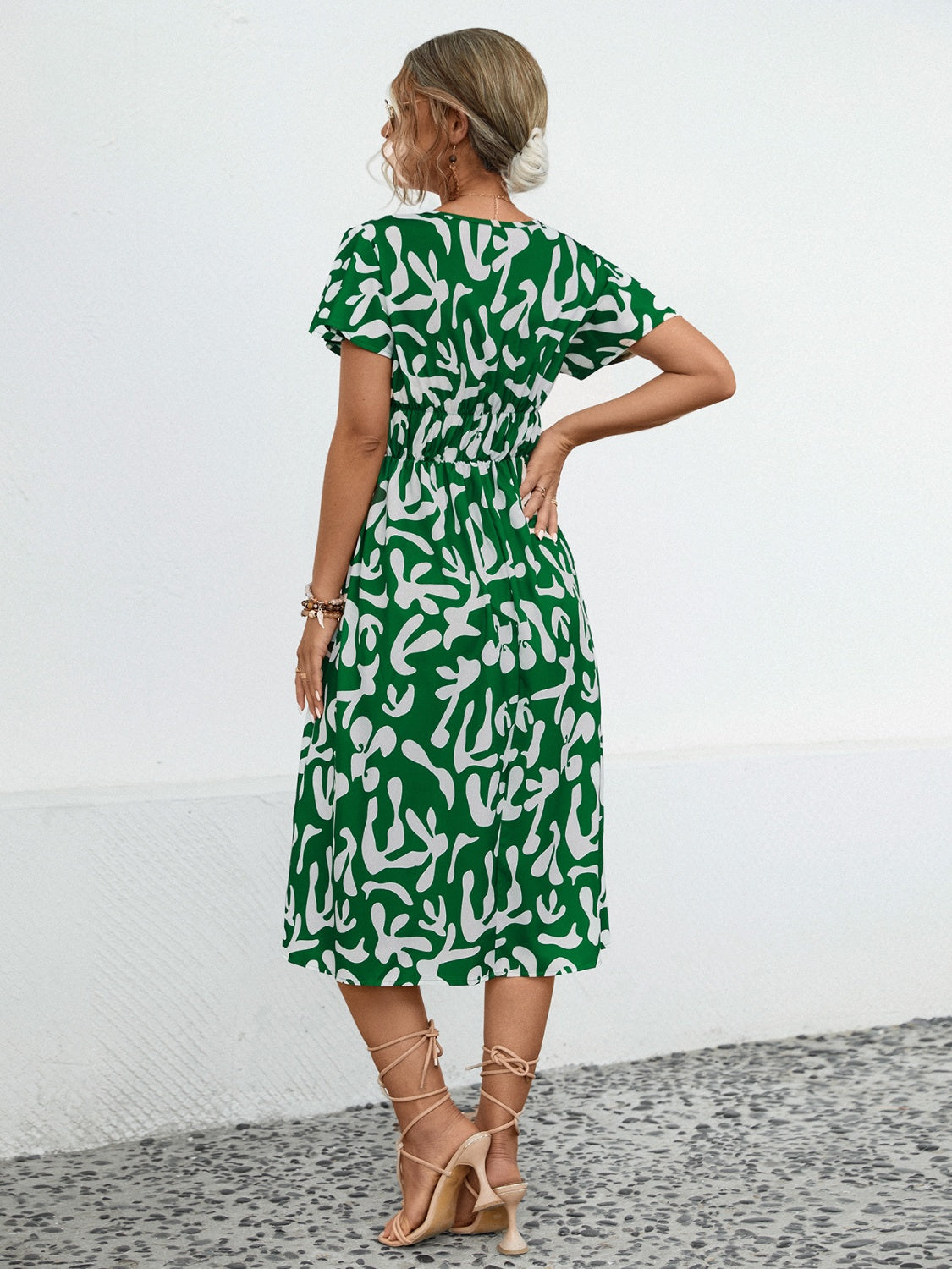 Printed V-Neck Short Sleeve Dress (3 Colors)
