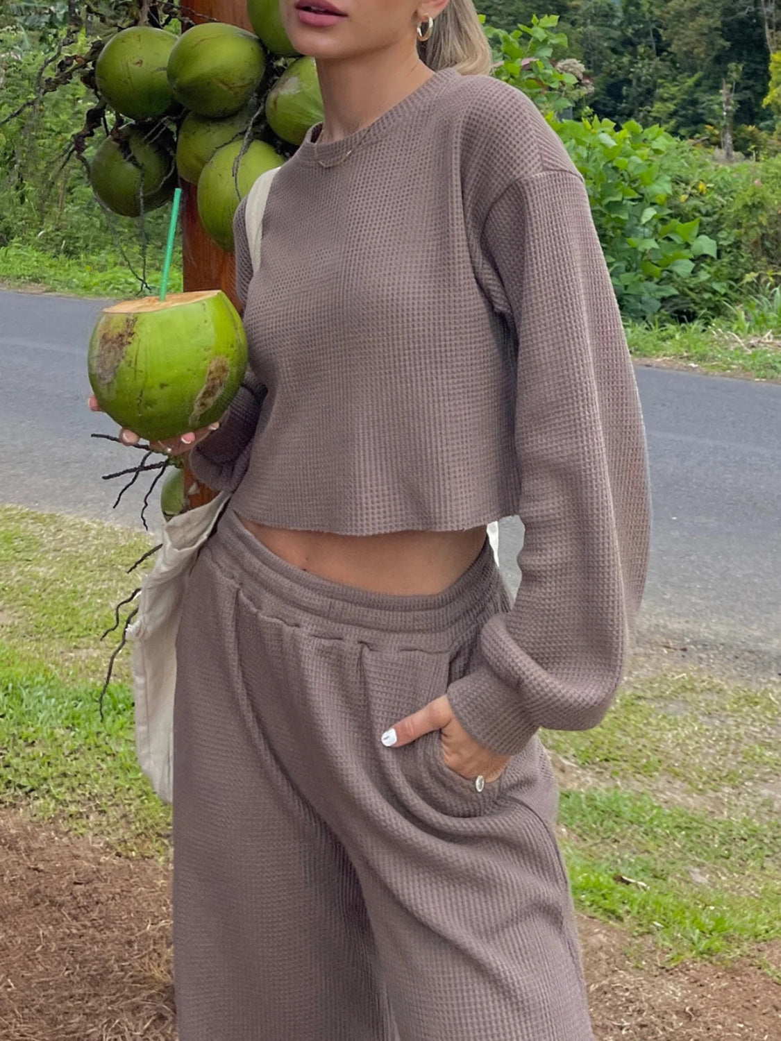 Waffle-Knit Round Neck Top and Pants Set (4 Colors)