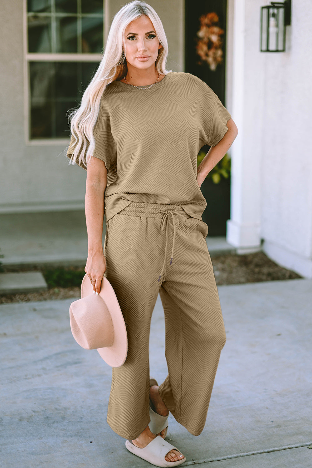 Outfit Set - Double Take Full Size Texture Short Sleeve Top and Pants Set (4 Colors)