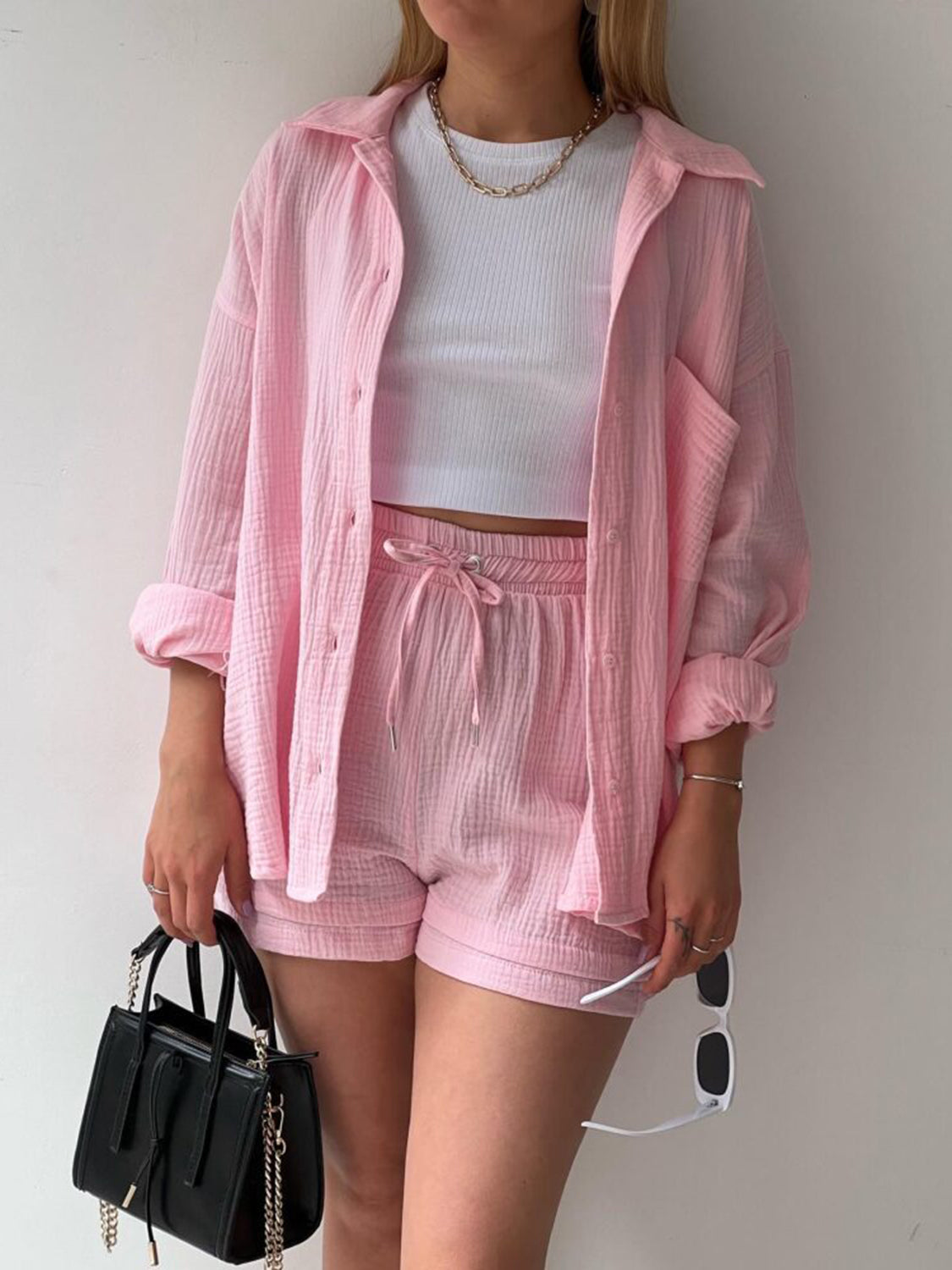 Outfit Set - Texture Button Up Shirt and Drawstring Shorts (11 Colors up to 2XL)