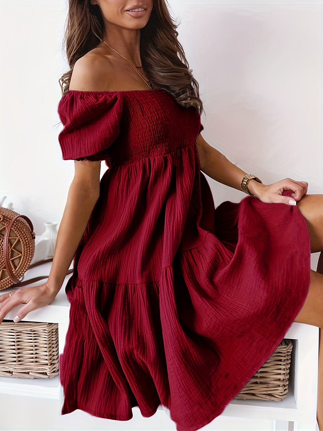 Full Size Ruffled Off-Shoulder Short Sleeve Dress (7 Colors)