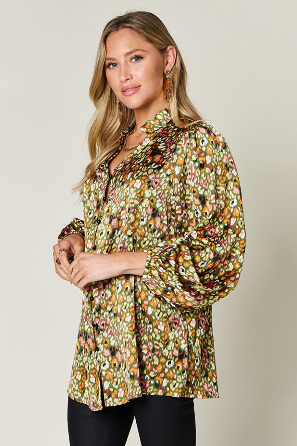 Double Take Full Size Printed Long Sleeve Blouse (3 Colors)