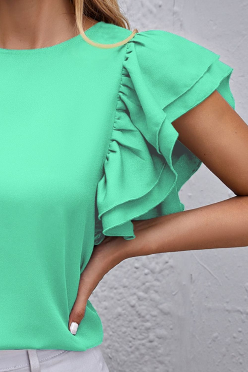 Round Neck Flounce Sleeve Blouse (7 Colors)