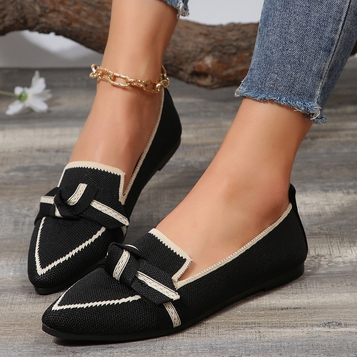 Bow Contrast Trim Point Toe Loafers (5 Colors)