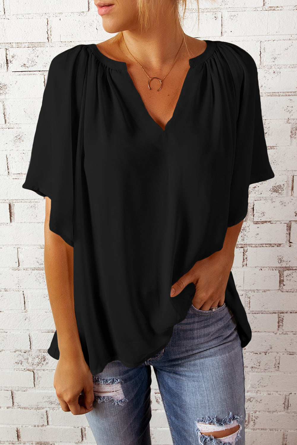 Gathered Detail Notched Neck Flutter Sleeve Top (8 Colors)
